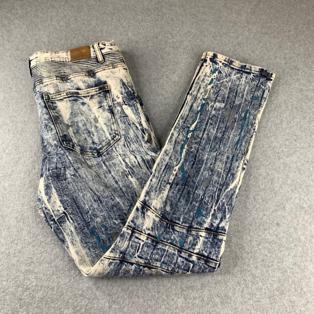 Crysp Denim Jeans Mens 38 Blue Acid Wash Moto Biker Paint Splatter Distressed